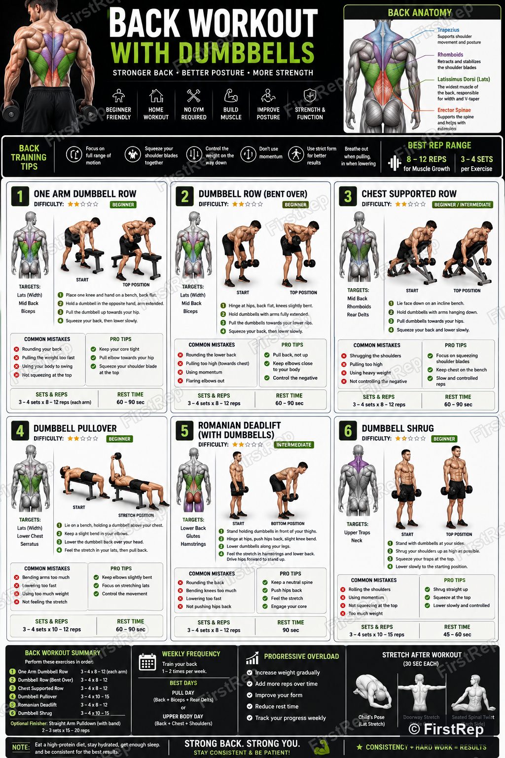 Beginner dumbbell back workout poster.
