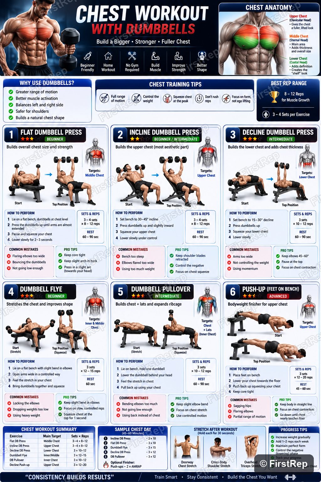 FirstRep chest workout poster showing six beginner dumbbell chest exercises with step-by-step form.