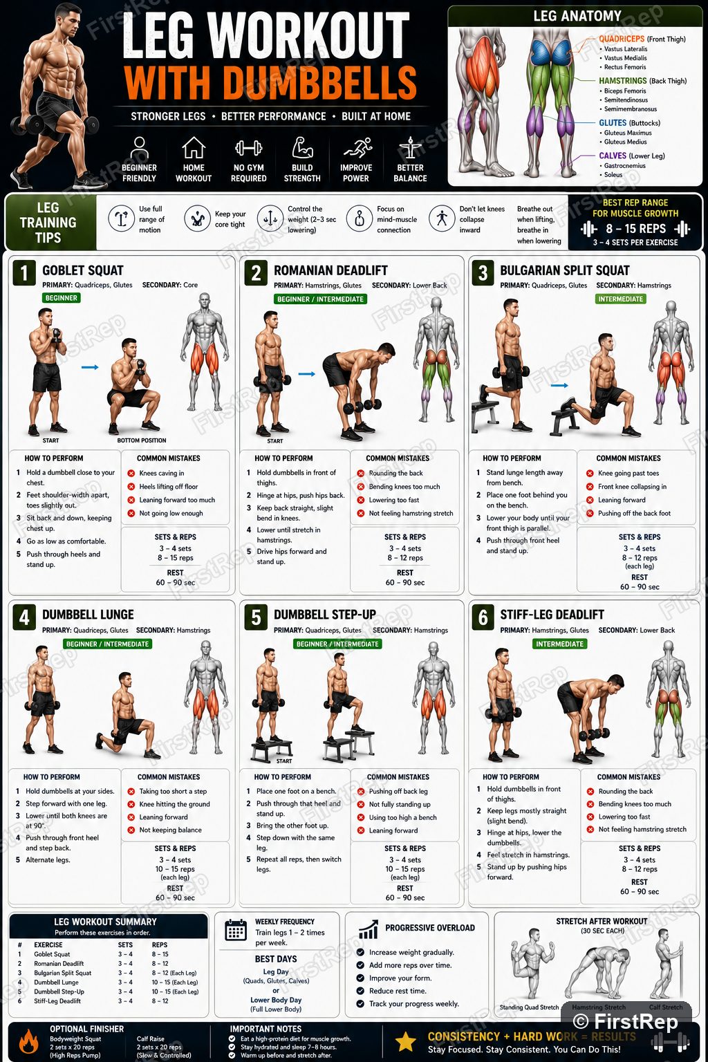 Beginner dumbbell leg workout poster.
