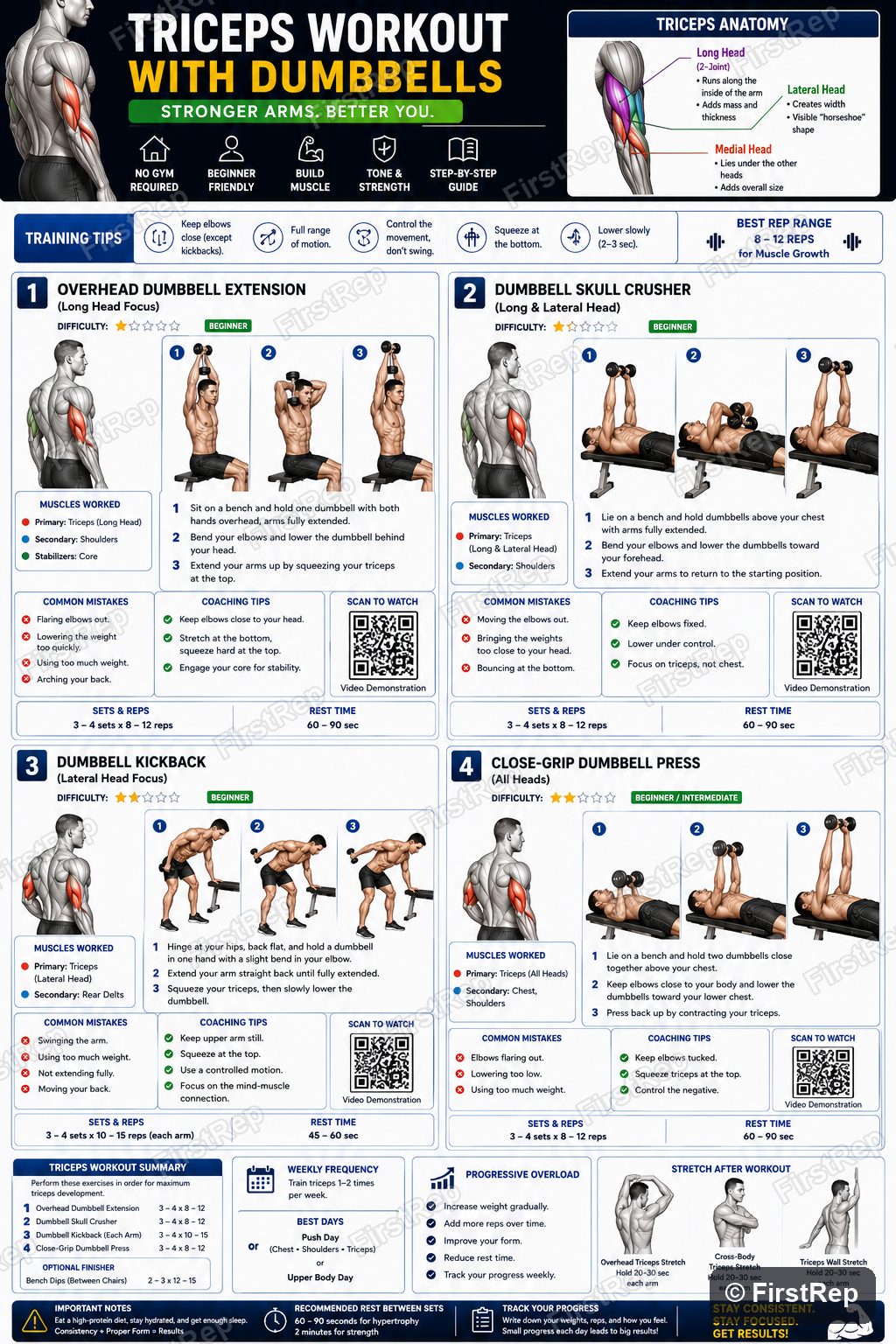 Beginner dumbbell triceps workout poster.